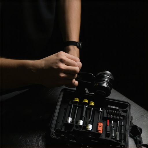 A filmmaker's hands working with precision tools on a camera rig for optimal performance in a studio