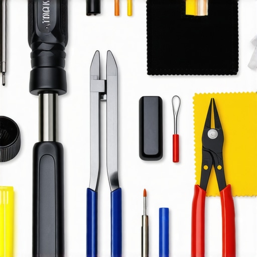 Essential Tools for Rig Maintenance Toolkit with screwdriver, calipers, microfiber cloths, and cleaning spray for camera rig upkeep.