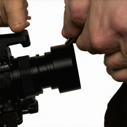 Photograph of a filmmaker adjusting camera rig with a specialized multi-tool