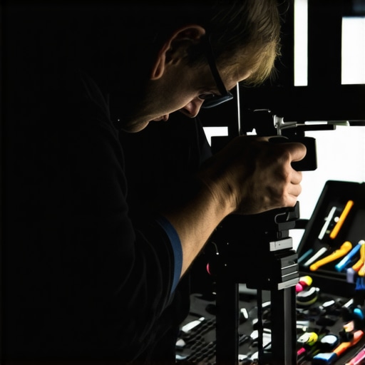Maintenance Tools for Camera Rig A professional filmmaker inspecting and cleaning their camera rig with various tools in view.