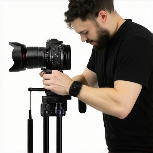 A camera operator balancing and adjusting their professional filmmaking rig with weights and accessories
