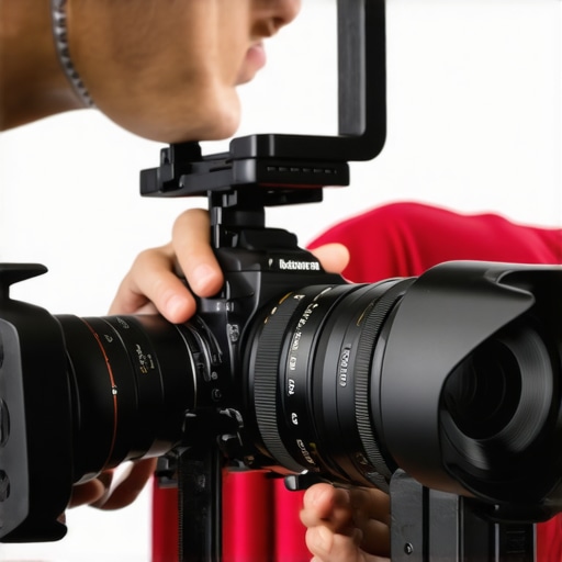 Close-up of a person's hands adjusting camera rig side handles for better control.