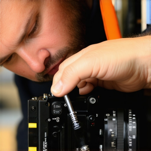 Technician performing maintenance on a camera rig with precision screwdrivers