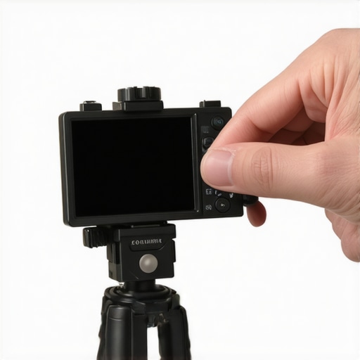Person attaching a locking cold shoe adapter to a camera monitor in a studio setting.