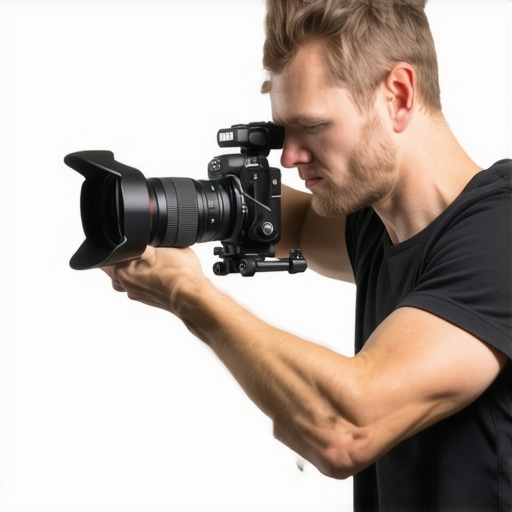 Close-up of a camera operator tightening a rugged, anti-slip top handle on a professional filmmaking rig