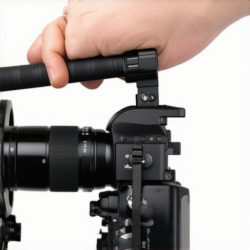 Filmmaker attaching bolt-on braces to a camera top handle for improved stability