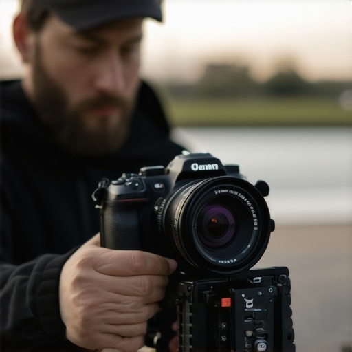 A professional filmmaker adjusting a balanced camera rig with proper accessories